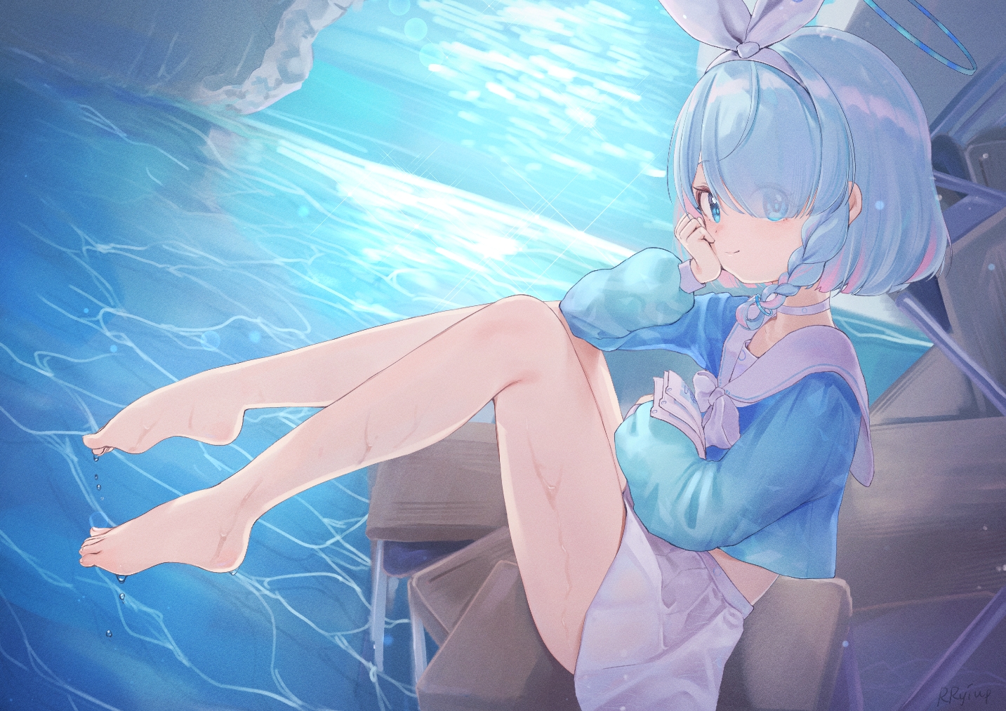 aliasing, arona_(blue_archive), barefoot, blue_archive, blue_eyes, blue_hair, braids, choker