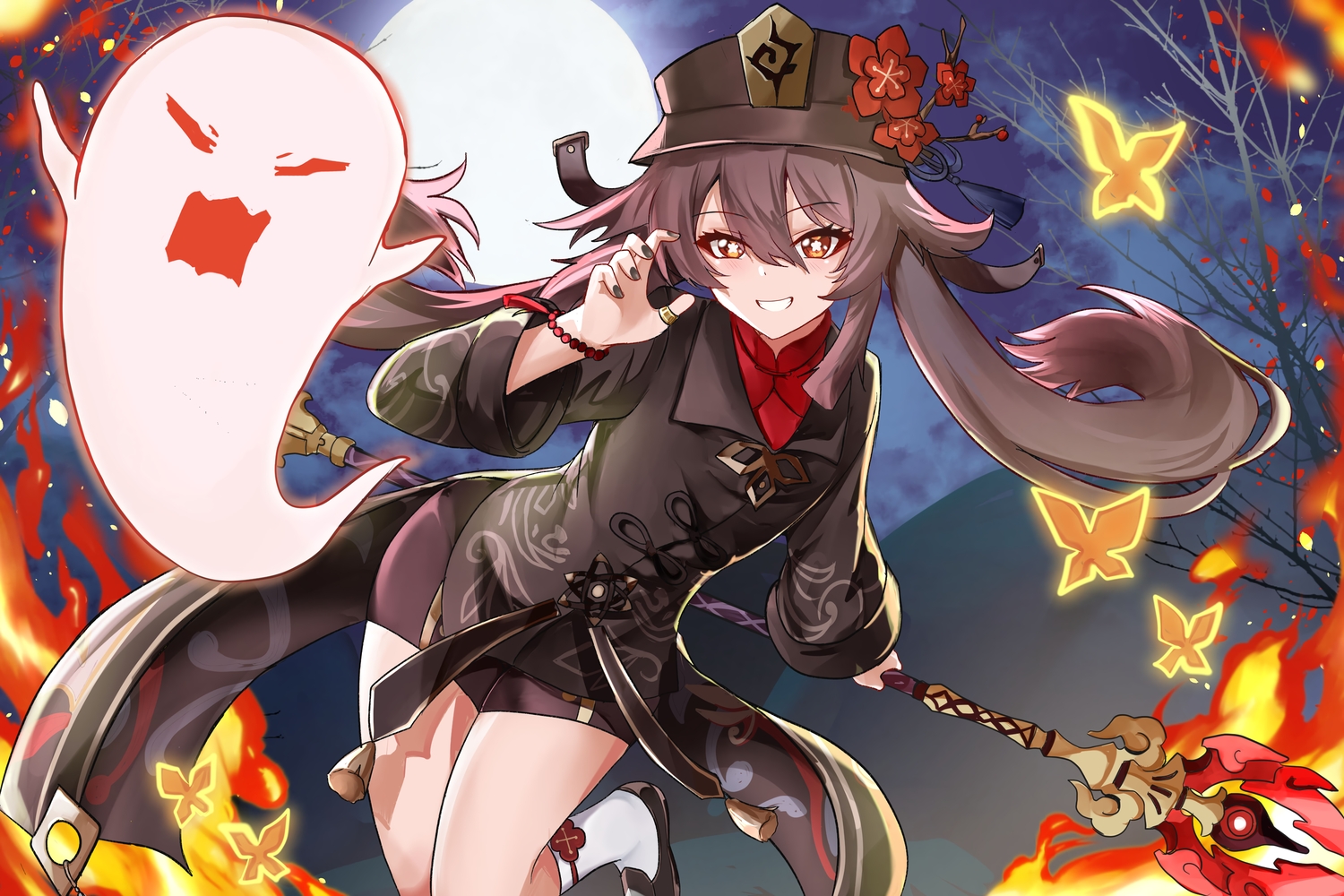 bike_shorts, blush, brown_hair, chinese_clothes, fire, genshin_impact, hat, hu_tao_(genshin_impact), long_hair, magic, moon, night, red_eyes, shorts, sky, socks, staff, tian_kazuki, tree, wristwear