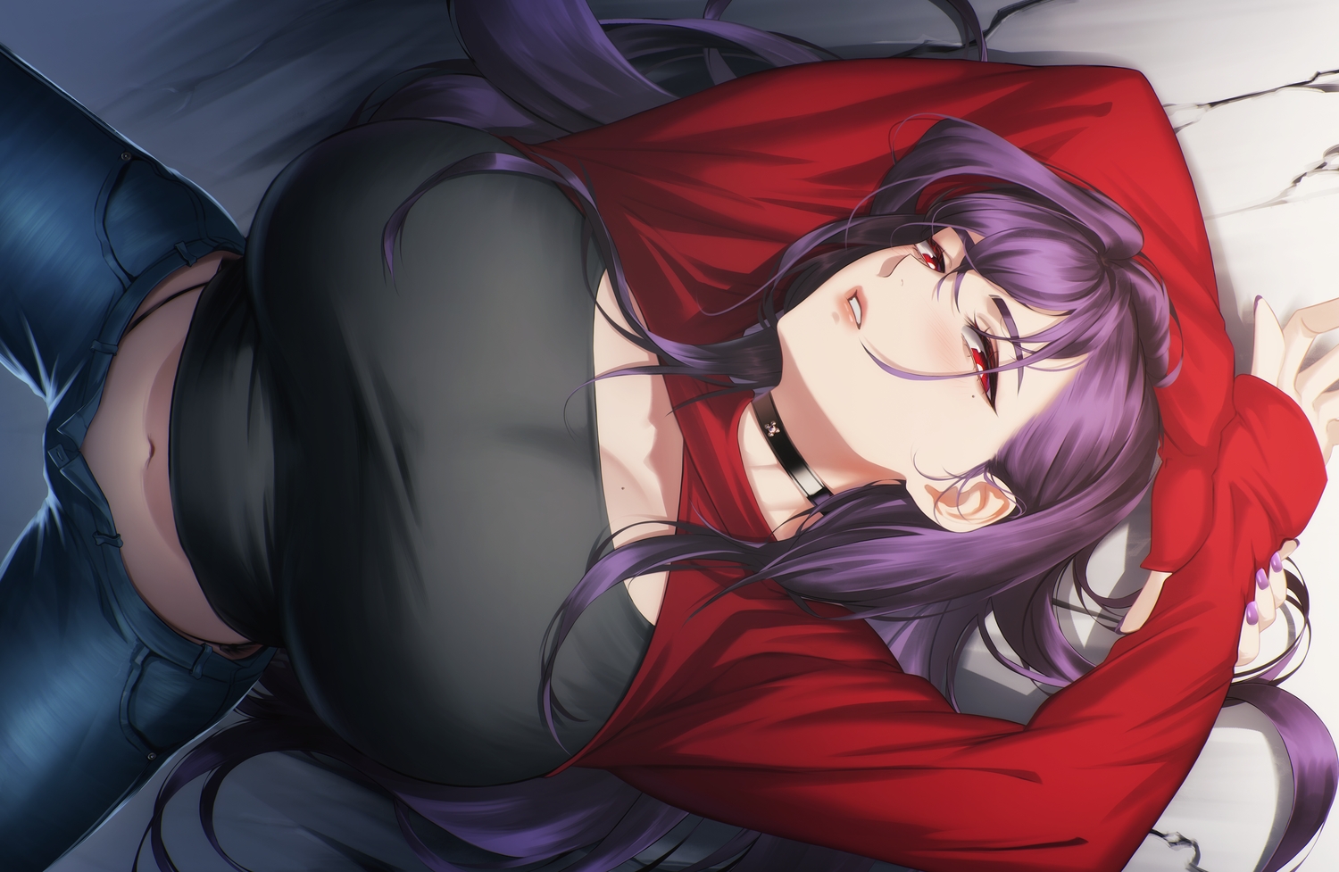 blueorca, blush, breasts, choker, long_hair, navel, purple_hair, red_eyes