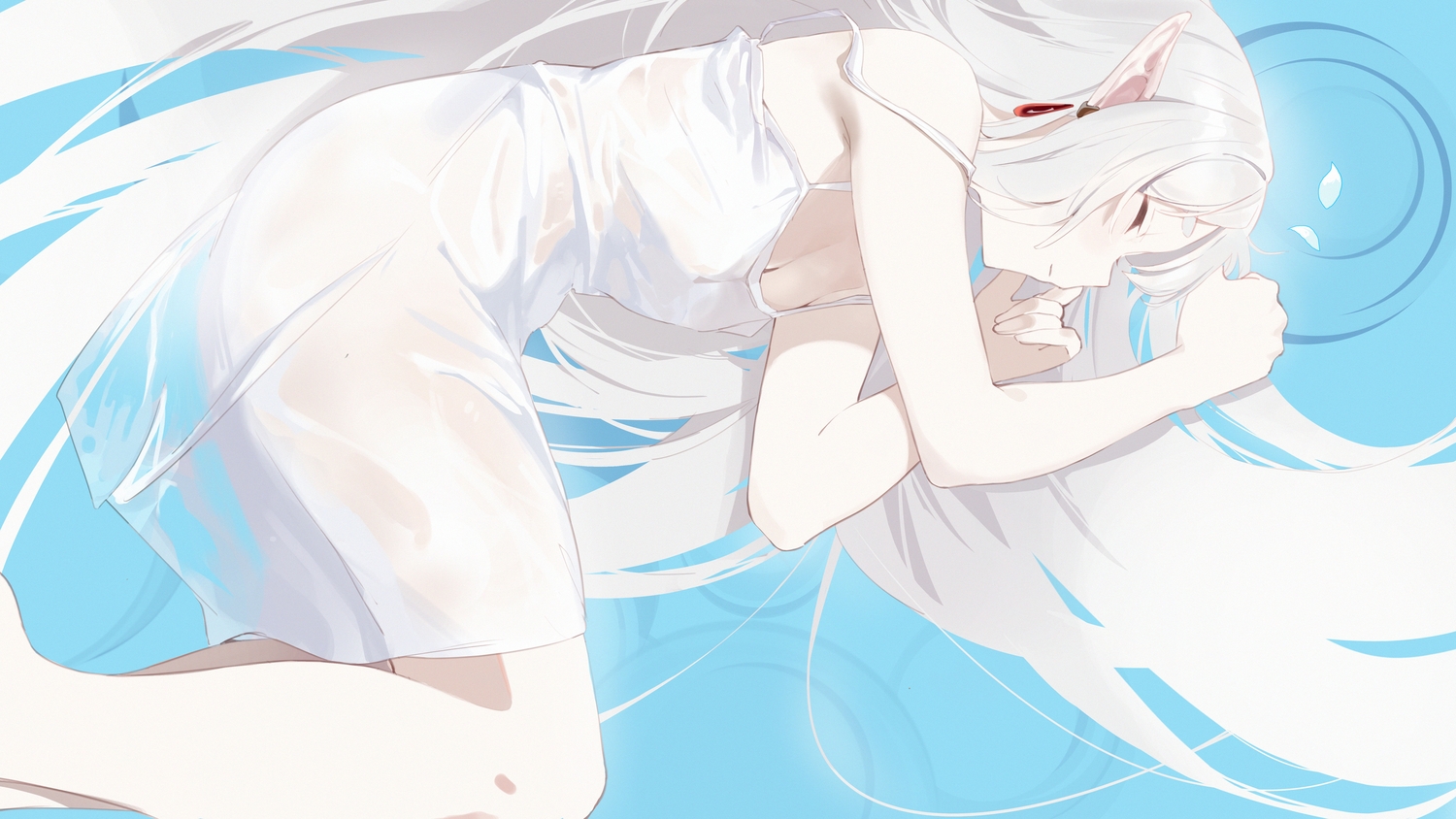 breasts, cleavage, dress, frieren, gray_hair, long_hair, no_bra, petals, pointed_ears, polychromatic, sadan1317, see_through, sleeping, sousou_no_frieren, summer_dress, water, wet