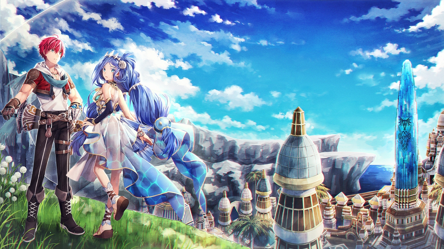 aqua_eyes, armor, blue_eyes, blue_hair, boots, building, christin_adol, city, clouds, dana_(ys), dress, elbow_gloves, flowers, gloves, grass, gray_eyes, hakusai_(tiahszld), headdress, hood, long_hair, male, necklace, red_hair, scarf, see_through, short_hair, sky, sword, tree, water, weapon, wristwear, ys