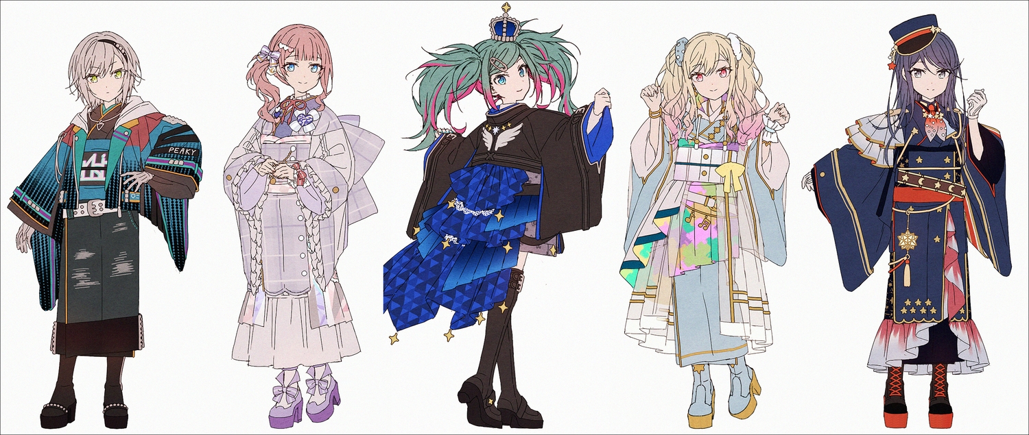 boots, crown, gloves, hakusai_(tiahszld), hat, hatsune_miku, hinomori_shiho, hoshino_ichika
