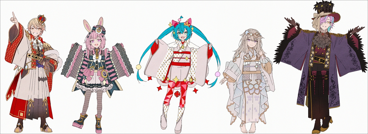 animal_ears, barefoot, boots, bow, bunny_ears, crown, gloves, hakusai_(tiahszld), hat, hatsune_miku, japanese_clothes, kamishiro_rui, kimono, kusanagi_nene, lolita_fashion, long_hair, male, ootori_emu, project_sekai, short_hair, tenma_tsukasa, vocaloid