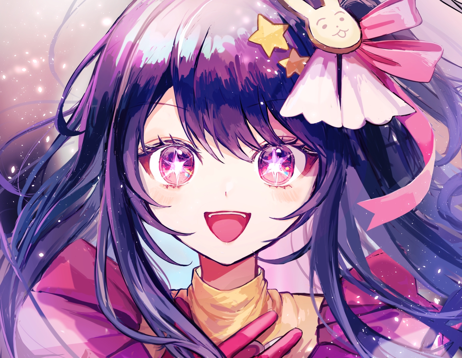 blush, bow, close, gloves, hoshino_ai, oshi_no_ko, pipi, purple_eyes, purple_hair, ribbons