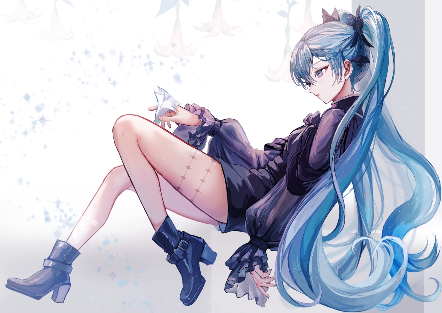 blue_eyes, blue_hair, boots, flowers, hatsune_miku, long_hair, pipi, twintails, vocaloid