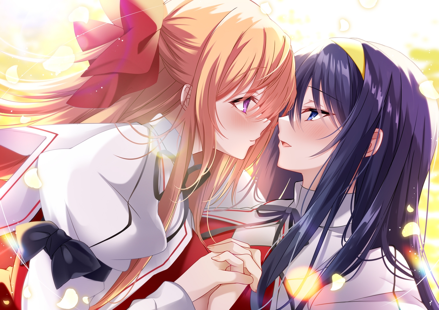 2girls, akatsuki_(aktk511), blue_eyes, blush, bow, close, headband, himemiya_chikane, kannazuki_no_miko, kurusugawa_himeko, long_hair, orange_hair, petals, purple_eyes, purple_hair, shoujo_ai, uniform