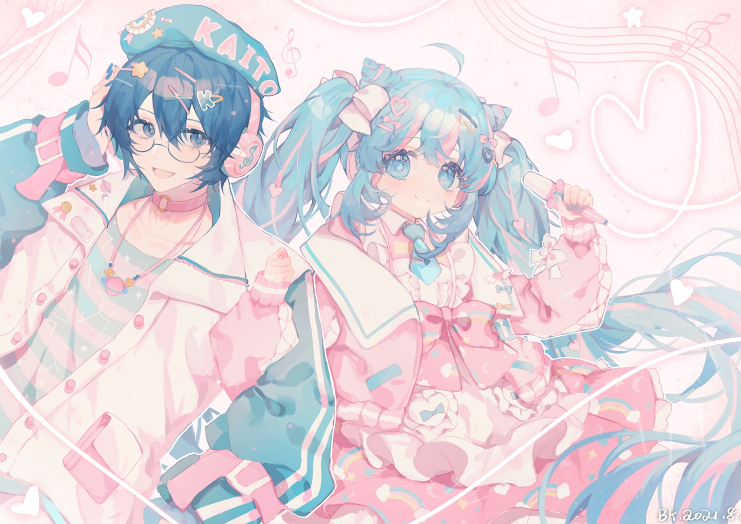 apron, aqua_eyes, aqua_hair, bkkkkk, blue_eyes, blue_hair, bow, collar, dress, glasses, hat, hatsune_miku, headphones, kaito, lolita_fashion, long_hair, male, microphone, music, necklace, short_hair, signed, tie, twintails, vocaloid