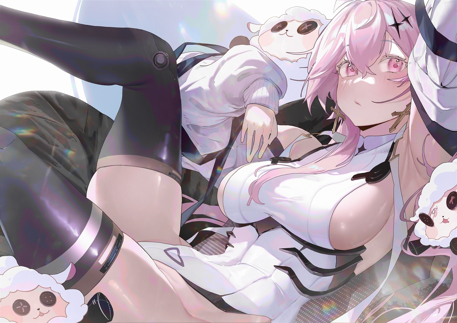 animal, blush, breasts, joehongtee, leotard, long_hair, no_bra, pink_eyes