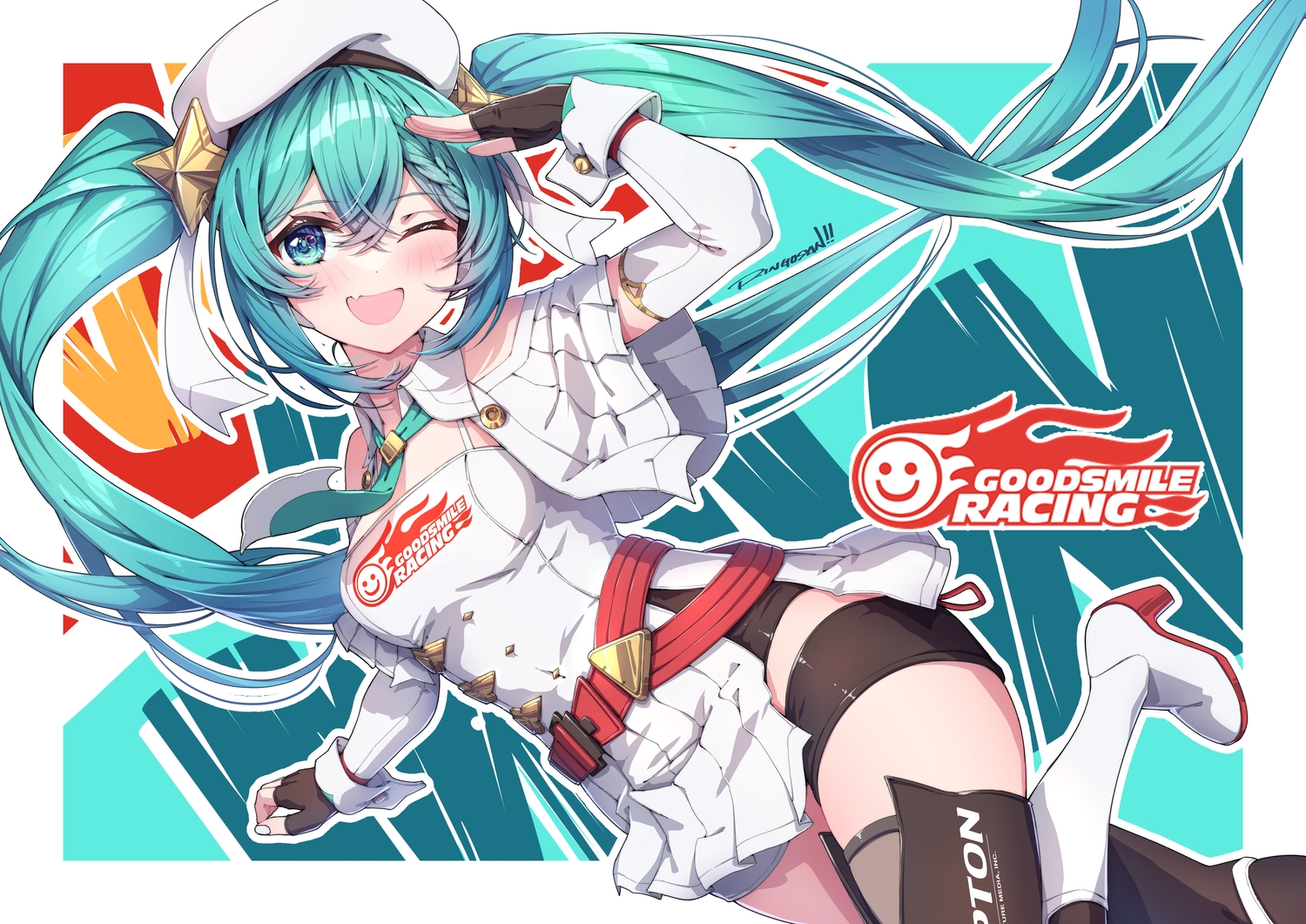 aqua_eyes, aqua_hair, blush, boots, braids, dress, fang, gloves, hat, hatsune_miku, long_hair, ringosan, shorts, signed, thighhighs, tie, twintails, vocaloid, wink