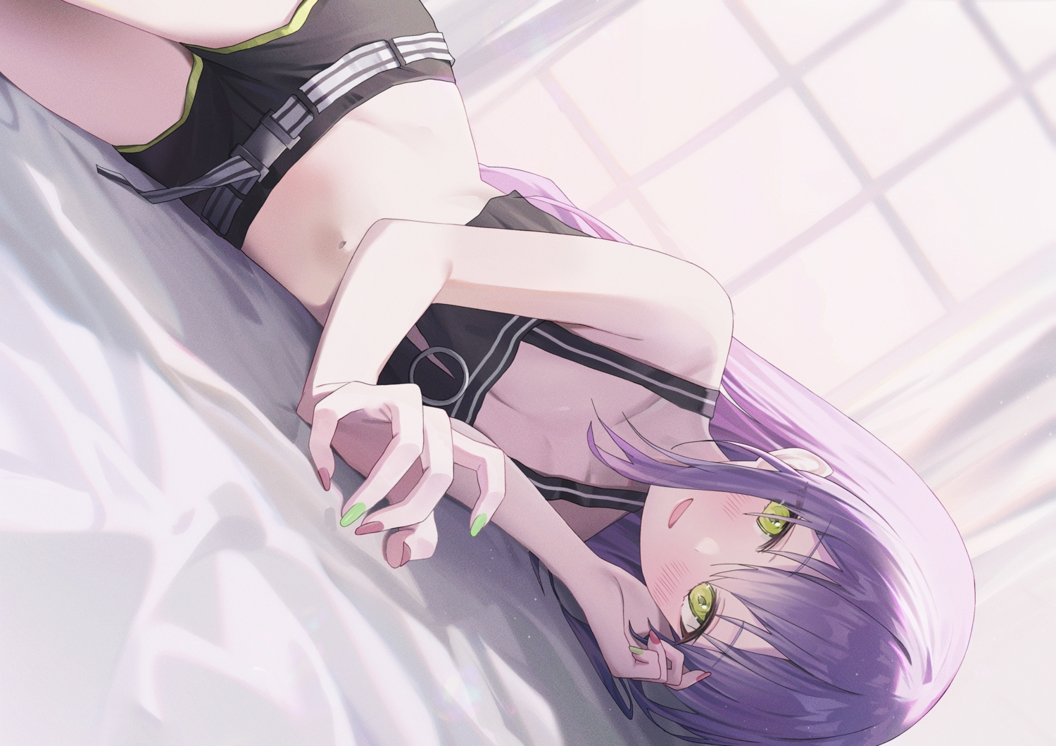 blush, breasts, cleavage, green_eyes, hololive, long_hair, navel, nel_dcm, purple_eyes, shorts, tokoyami_towa