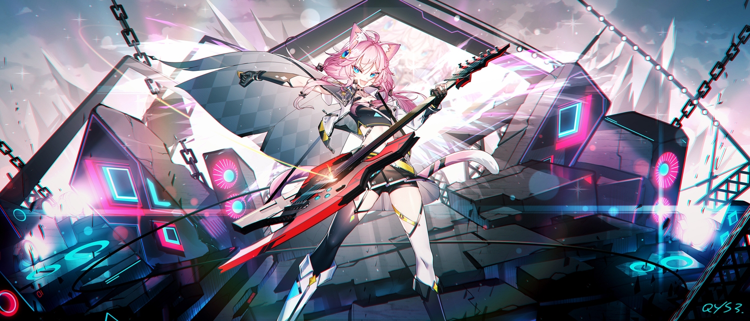 animal_ears, aqua_eyes, bike_shorts, boots, cape, catgirl, chain, elbow_gloves
