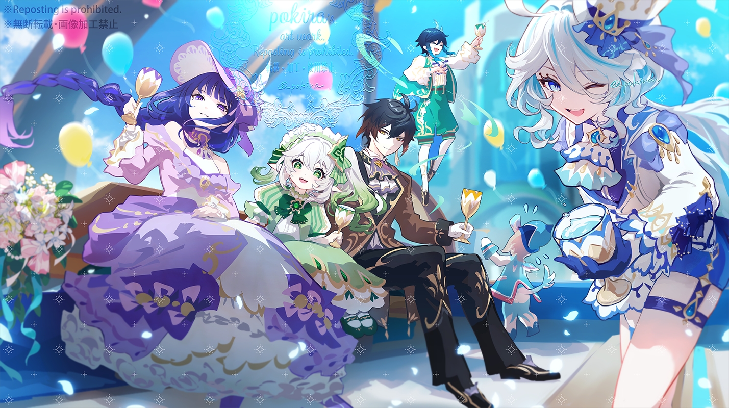 black_hair, blue_eyes, blue_hair, braids, choker, clouds, dress, drink, flowers, furina_(genshin_impact), garter, genshin_impact, gloves, gray_hair, green_eyes, group, hat, headdress, lolita_fashion, long_hair, male, nahida_(genshin_impact), pointed_ears, pokira, ponytail, pubic_hair, purple_eyes, raiden_shogun, shorts, signed, sky, venti_(genshin_impact), watermark, white_hair, wink, yellow_eyes, zhongli_(genshin_impact)