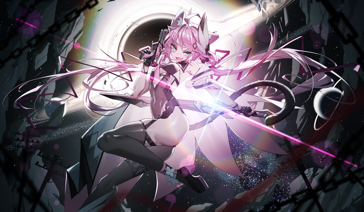 animal_ears, aqua_eyes, ass, boots, catgirl, fang, gloves, gun
