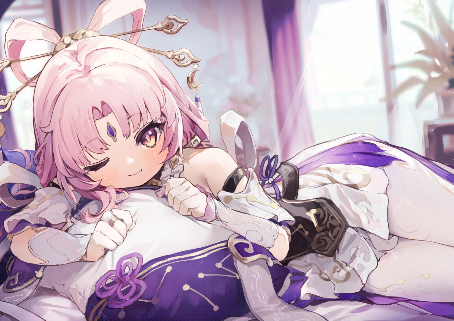 bed, blush, coria, dress, elbow_gloves, fu_xuan_(honkai:_star_rail), gloves, honkai_(series)