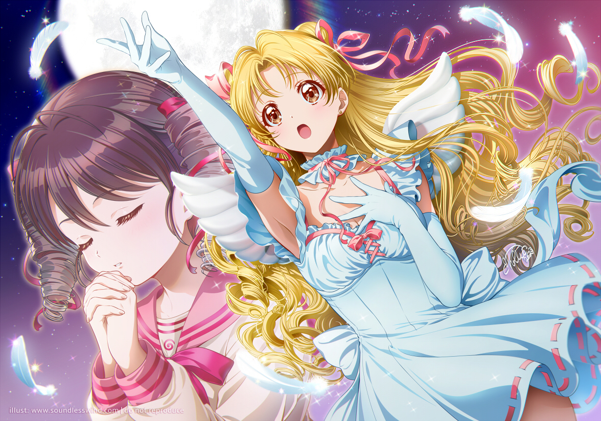 2girls, aliasing, blonde_hair, bow, brown_eyes, brown_hair, choker, dress