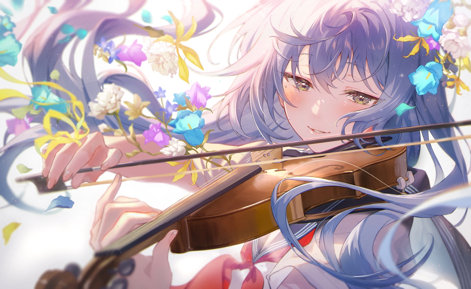 blue_hair, blush, close, flowers, green_eyes, ichikawa_haru, instrument, original
