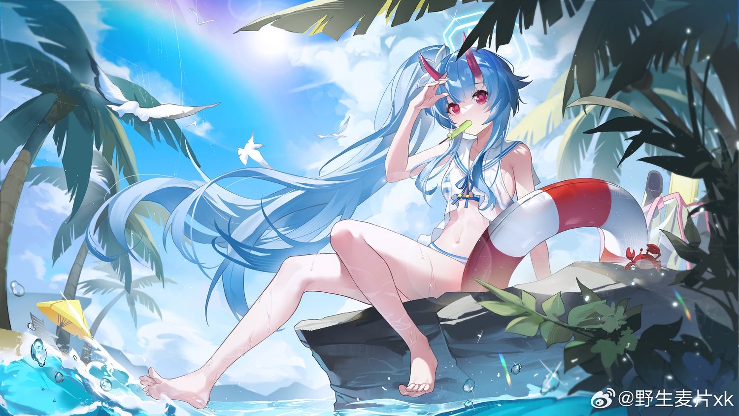aliasing, animal, barefoot, bikini, bird, blue_archive, blue_hair, crab