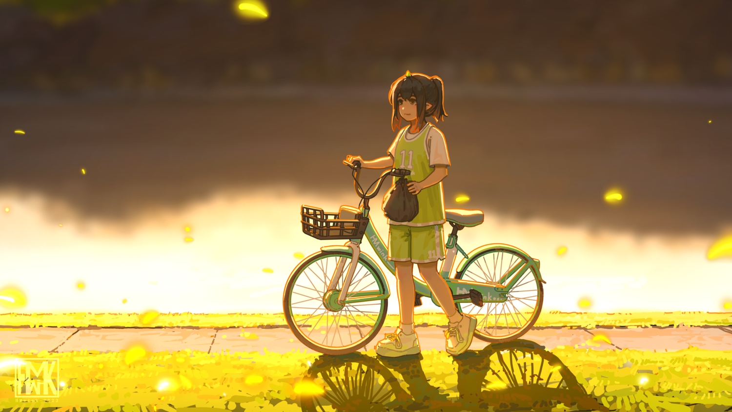 bicycle, brown_eyes, brown_hair, grass, horns, hua_ming_wink, leaves, original, pointed_ears, ponytail, shorts, signed, water, watermark