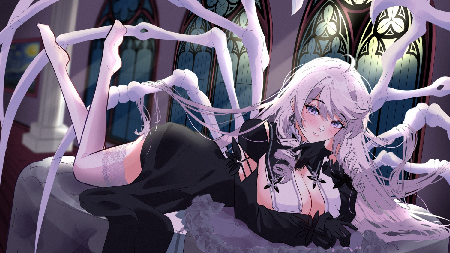 algerie_(azur_lane), aliasing, anthropomorphism, azur_lane, blush, breasts, cleavage, dress, gloves, gray_hair, long_hair, meisaki, no_bra, purple_eyes, thighhighs
