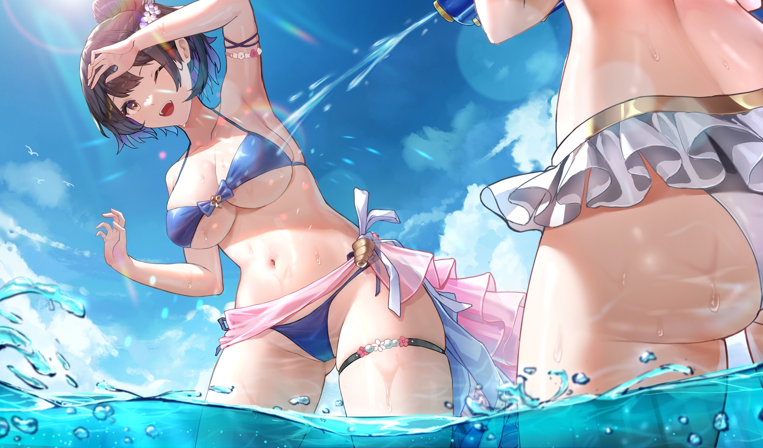 2girls, ass, bikini, black_hair, breasts, brown_dust, brown_dust_2, brown_eyes, cleavage, clouds, garter, justia_(brown_dust), scheherazade_(brown_dust), short_hair, shuiruoqing, skirt, sky, swimsuit, underboob, water, wink