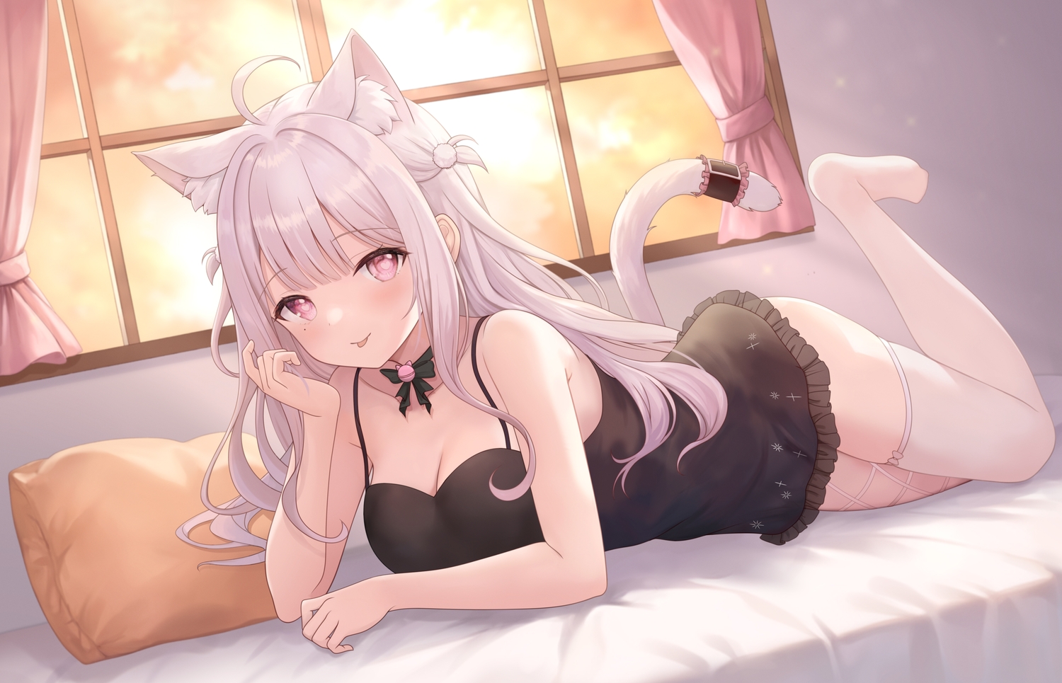 animal_ears, bed, bell, bow, breasts, catgirl, choker, cleavage