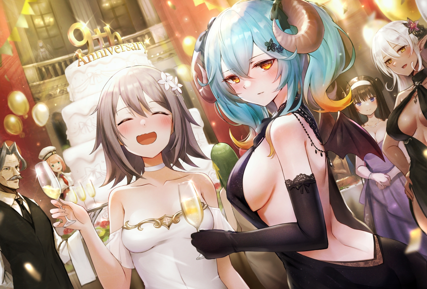 aqua_hair, augusta_(sennen_sensou_aigis), black_hair, blush, breasts, brown_hair, cake, choker, dark_skin, dress, drink, elbow_gloves, food, gloves, group, hat, headband, horns, kai_(esugi), lapis_(sennen_sensou_aigis), male, no_bra, orange_eyes, oshiro_project, pink_hair, pointed_ears, rinne_(sennen_sensou_aigis), sennen_sensou_aigis, shirt, short_hair, sideboob, tagme_(character), tie, umbre_(sennen_sensou_aigis), viktor_(sennen_sensou_aigis), white_hair, wings, yellow_eyes
