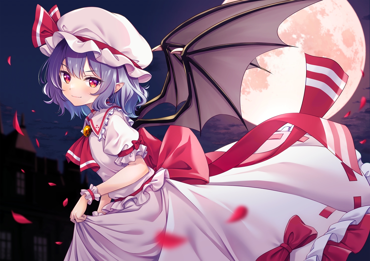 blue_hair, bow, choker, clouds, dress, hat, moon, murasaki_atsushi