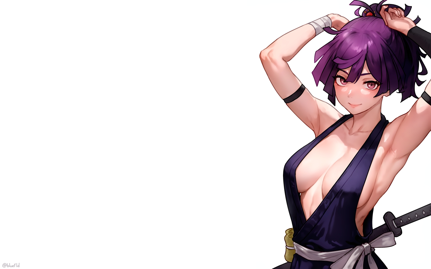 bandage, bluefield, breasts, japanese_clothes, jigokuraku, katana, ninja, pink_eyes, ponytail, purple_hair, signed, sword, third-party_edit, weapon, white, wristwear, yuzuriha_(jigokuraku)