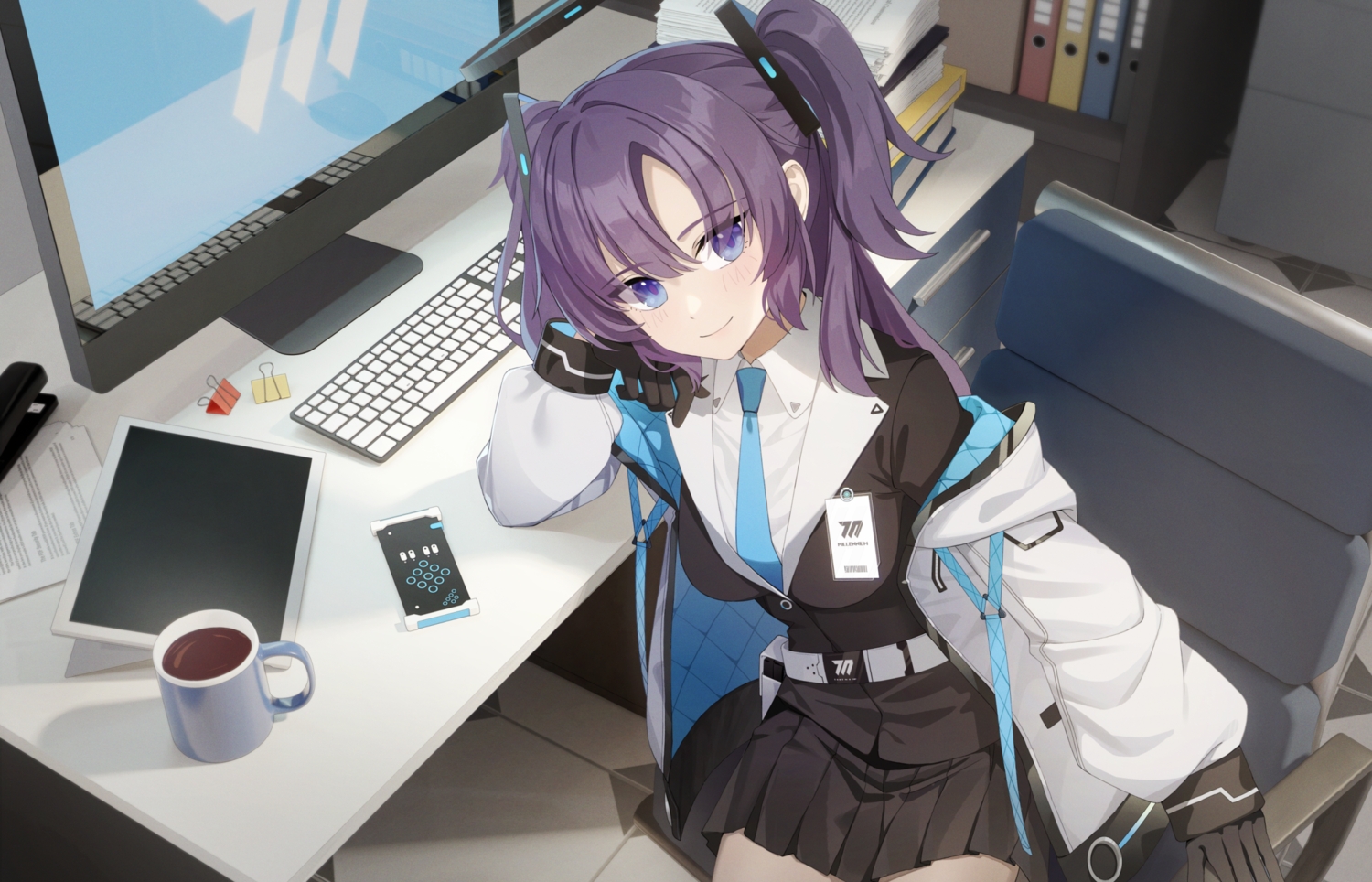 blue_archive, blue_eyes, blush, book, chou_xxx, computer, drink, gloves, hayase_yuuka, long_hair, phone, purple_hair, shirt, skirt, suit, tie, twintails