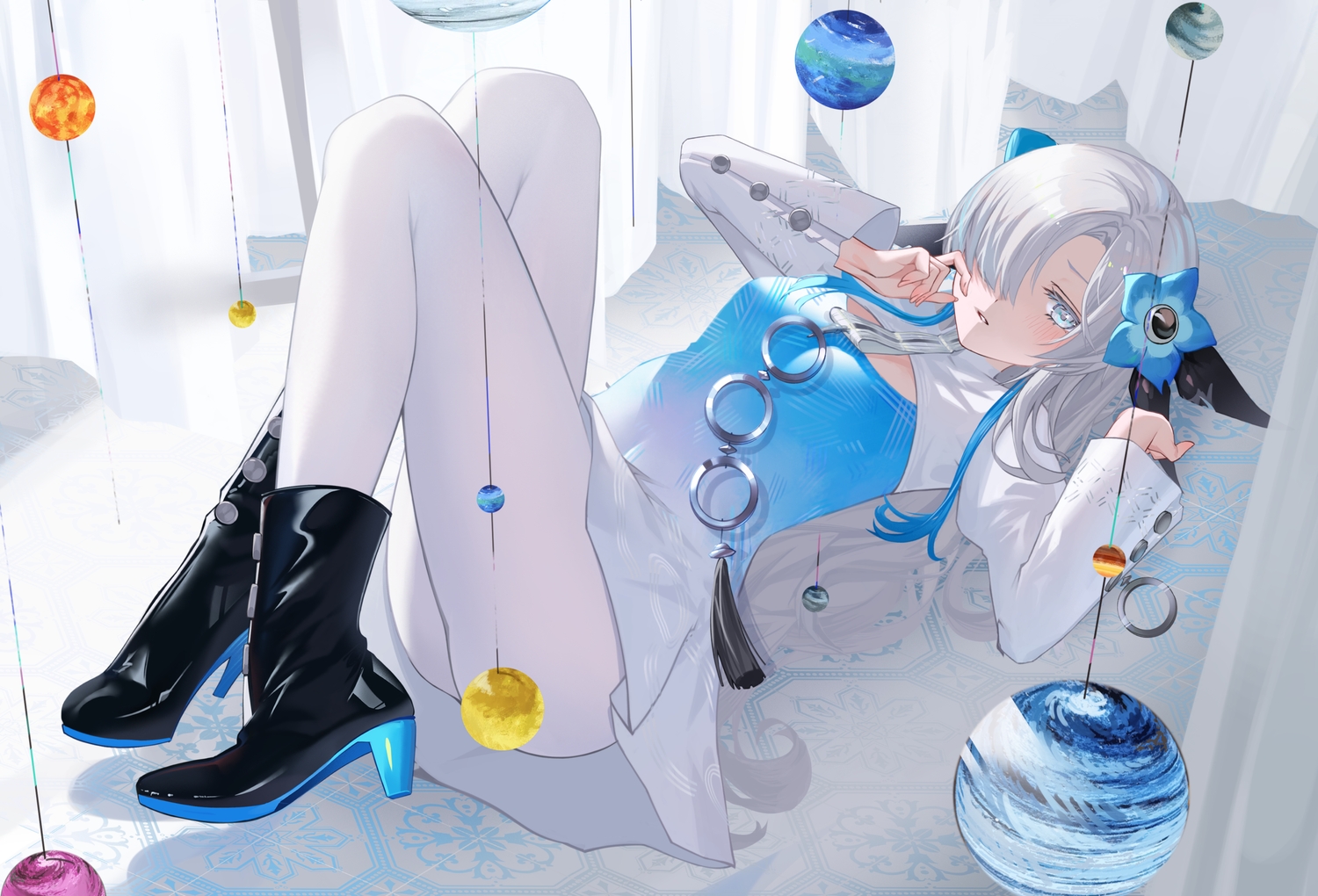 blush, boots, bsmycc, dress, gray_eyes, gray_hair, isekaijoucho, kamitsubaki_studio