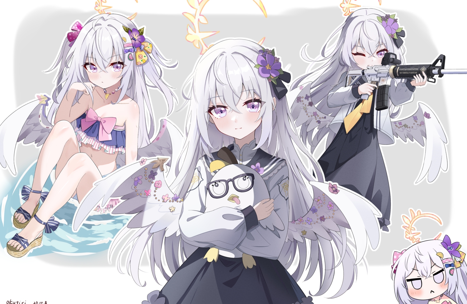 bikini, blue_archive, blush, bow, chibi, dress, exusiai_dust, gray_hair, gun, halo, long_hair, navel, necklace, purple_eyes, school_uniform, shirasu_azusa, signed, skirt, swimsuit, water, weapon, wings, wink