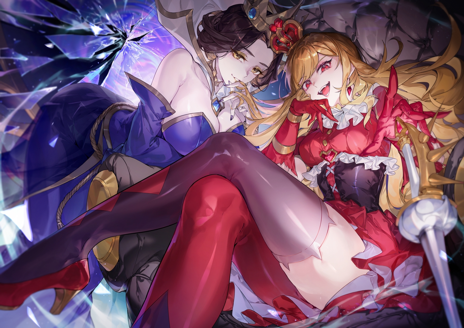 2girls, alice_in_wonderland, black_hair, blonde_hair, boots, breast_hold, breasts, chap_sal_!