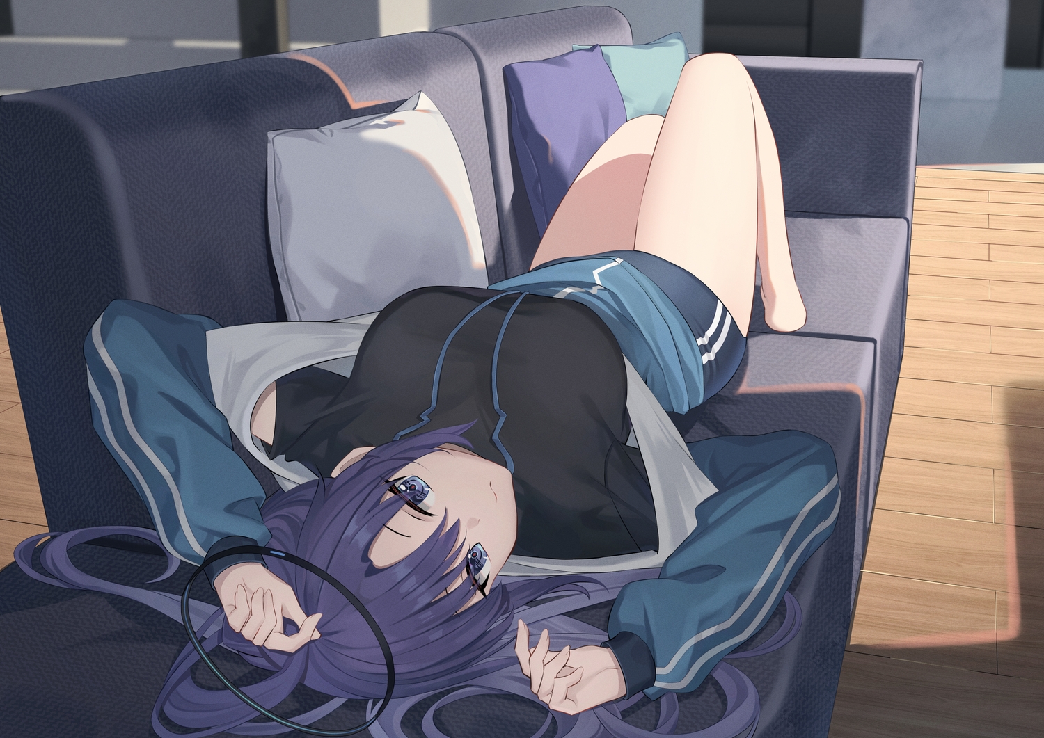 angel_no_shousou, blue_archive, blue_eyes, couch, gym_uniform, halo, hayase_yuuka, long_hair
