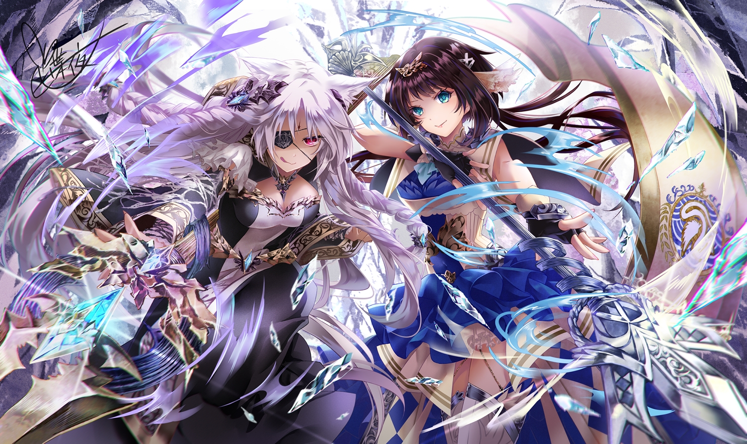 2girls, animal_ears, aqua_eyes, braids, breasts, brown_hair, cleavage, dress
