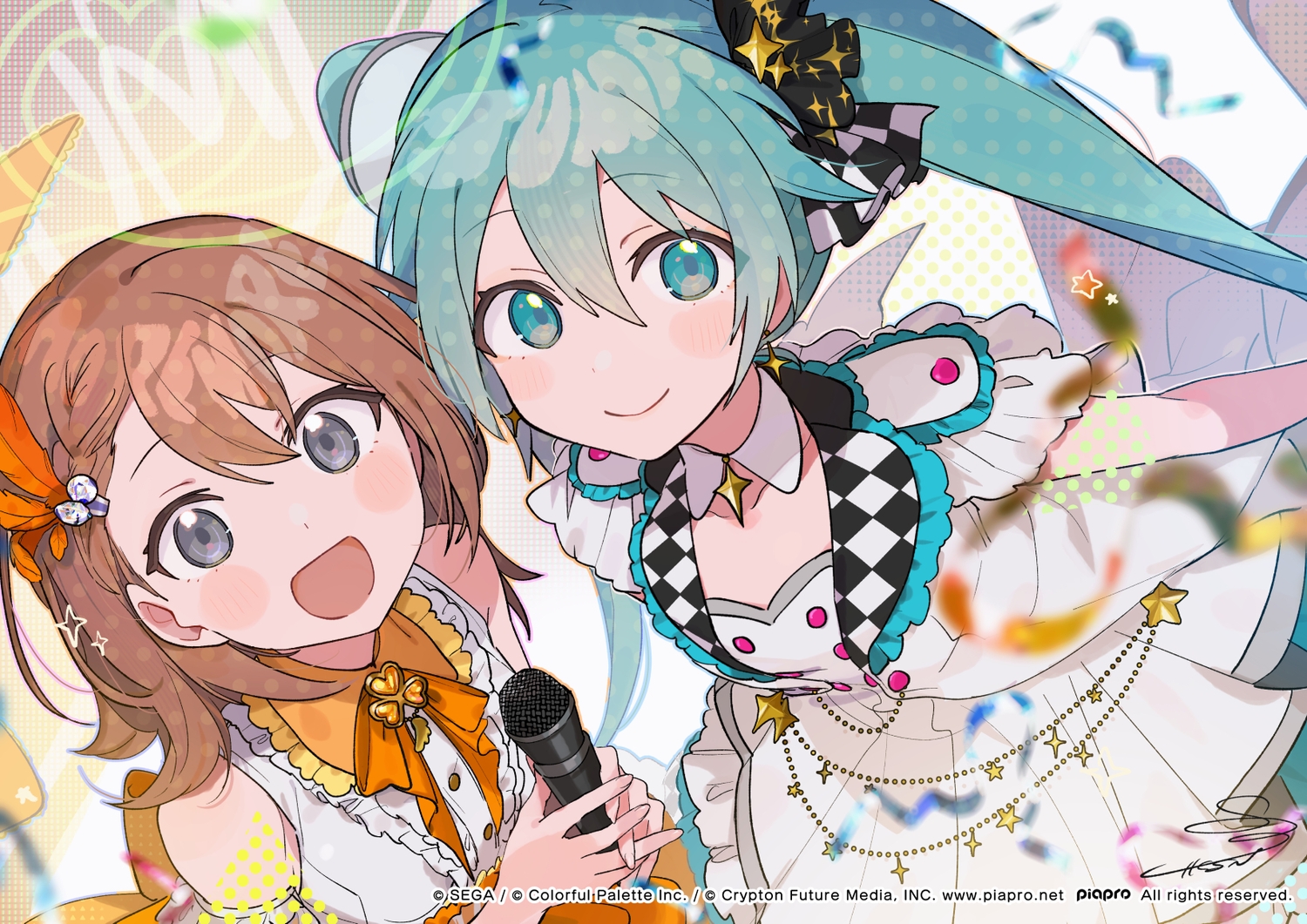 2girls, aqua_eyes, aqua_hair, blush, bow, braids, brown_hair, close