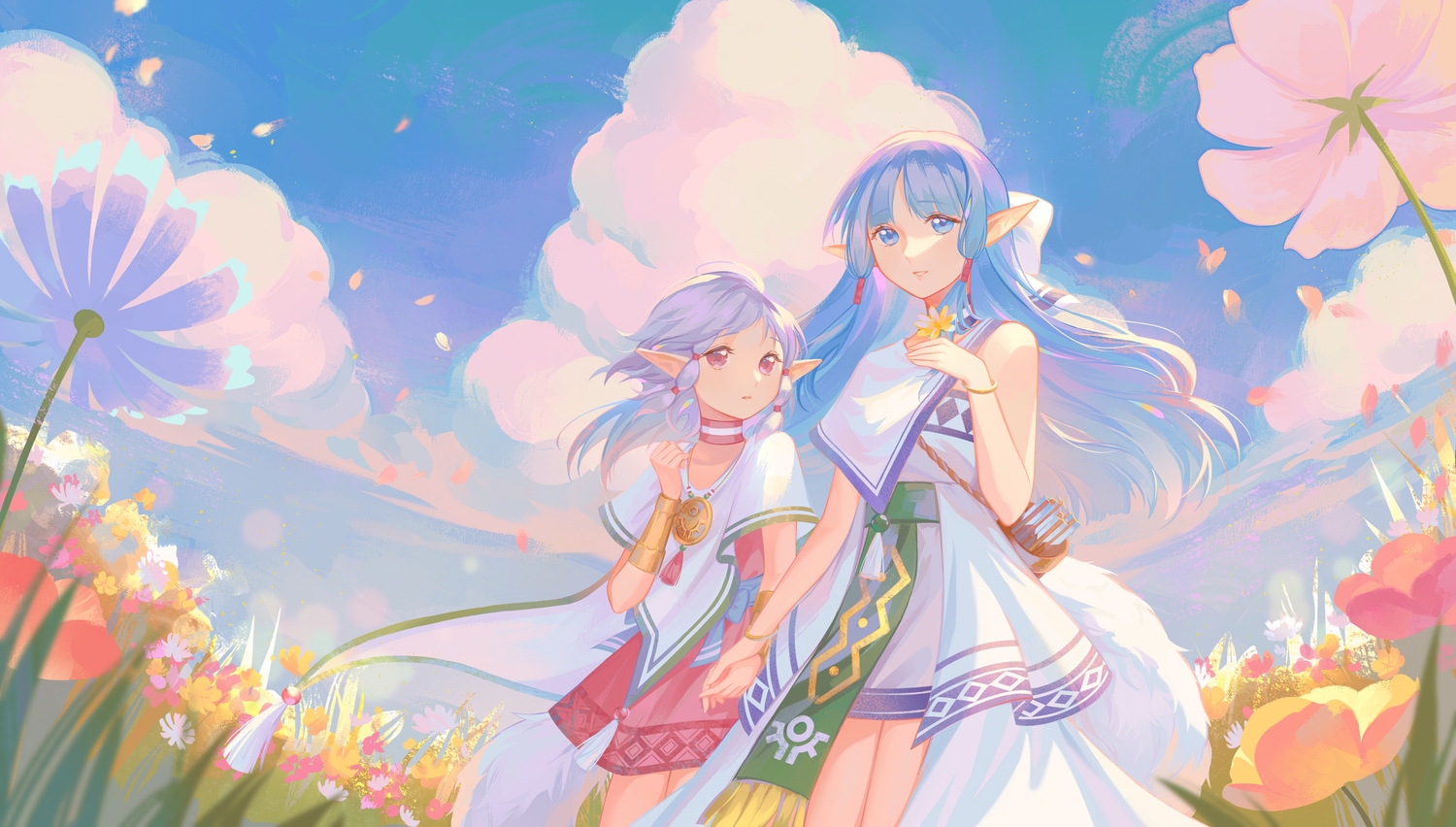 2girls, blue_eyes, blue_hair, choker, clouds, dress, flowers, grass, gray_hair, isha, koichame, long_hair, necklace, olha, pointed_ears, red_eyes, sky, wristwear, ys, ys_vi_ark_of_napishtim
