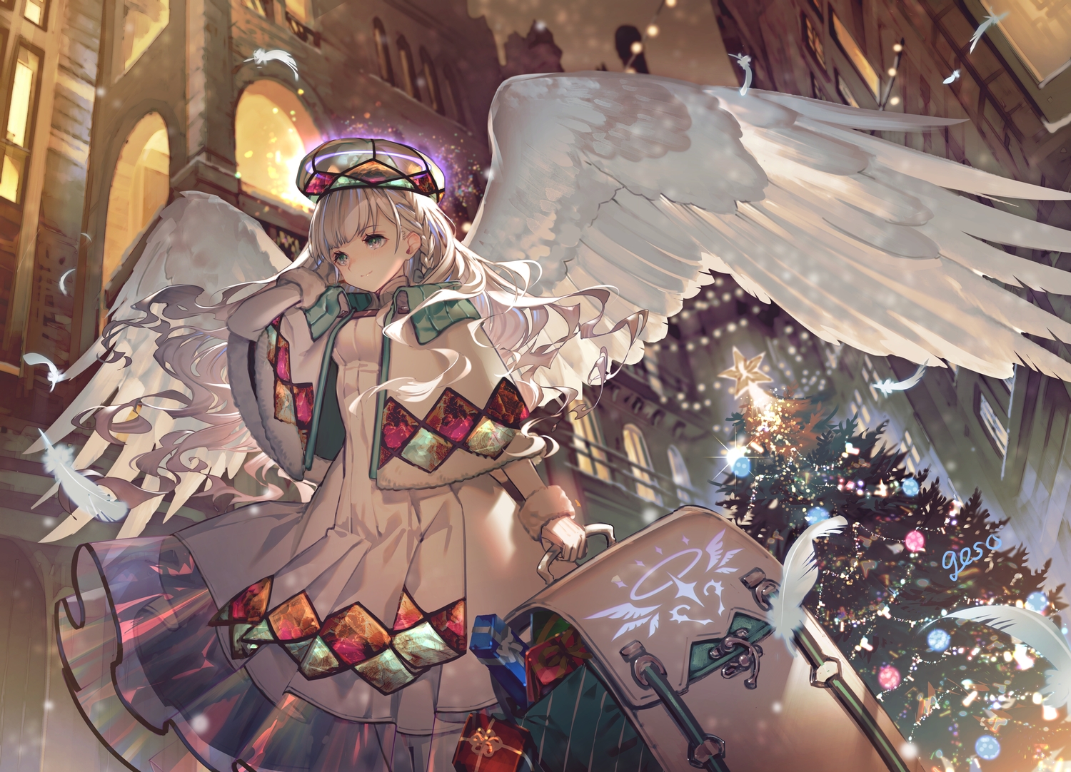 braids, building, christmas, dress, feathers, gray_eyes, gray_hair, long_hair