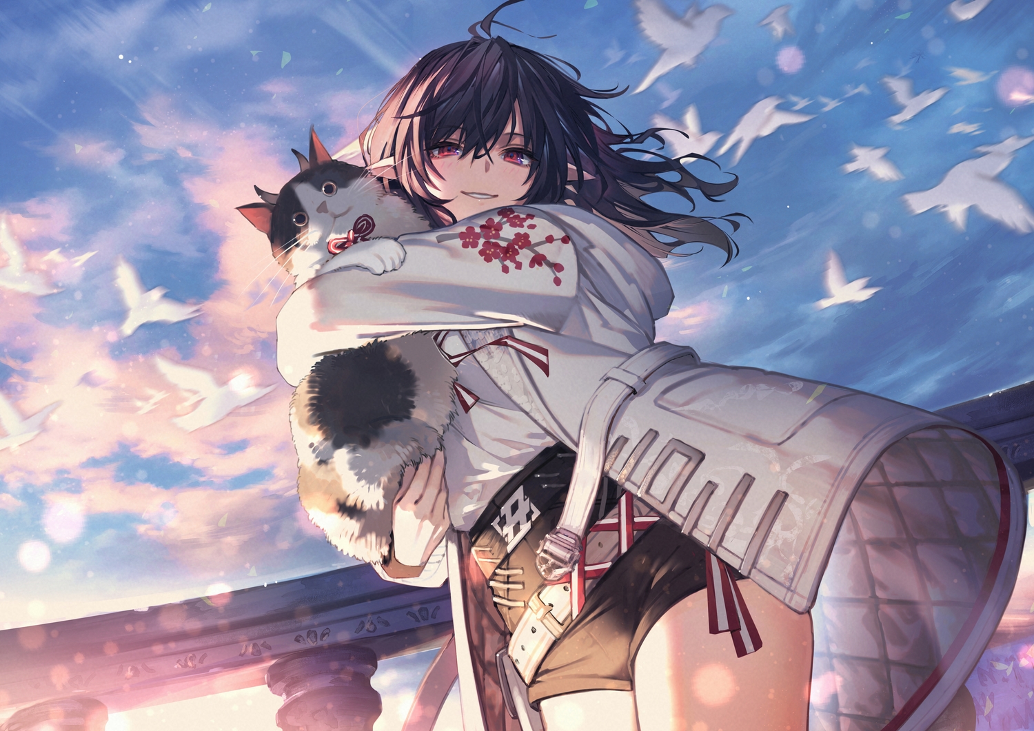 animal, bird, black_hair, blush, bow, cat, clouds, hood