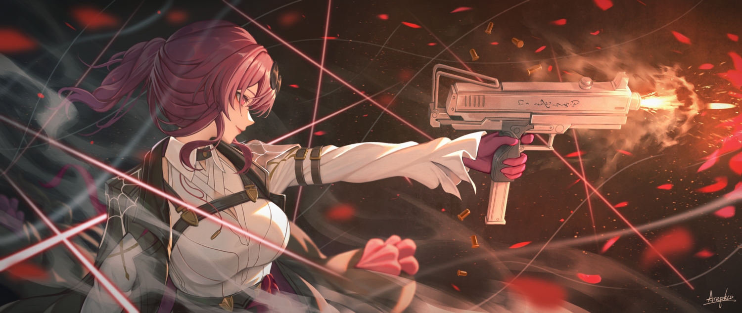 arepko, fire, gloves, gun, honkai_(series), honkai:_star_rail, kafka_(honkai:_star_rail), ponytail