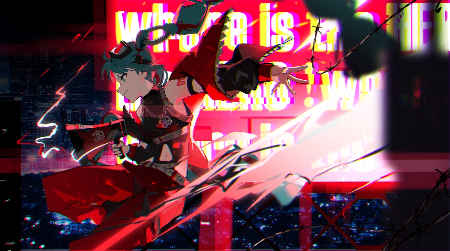 braids, building, chain, city, goggles, hatsune_miku, jiuyesang, long_hair