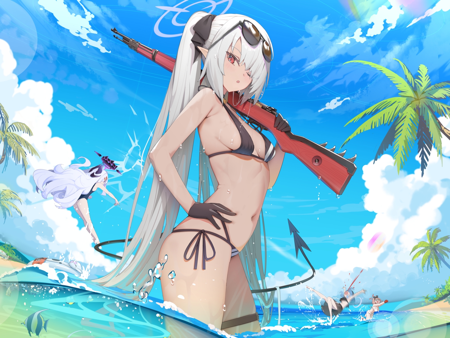 amau_ako, animal, ball, barefoot, beach, bikini, blood, blue_archive