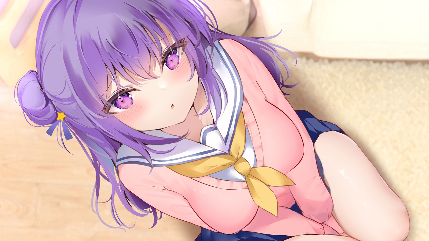 blush, breast_hold, close, long_hair, original, pon_(ponidrop), purple_eyes, purple_hair
