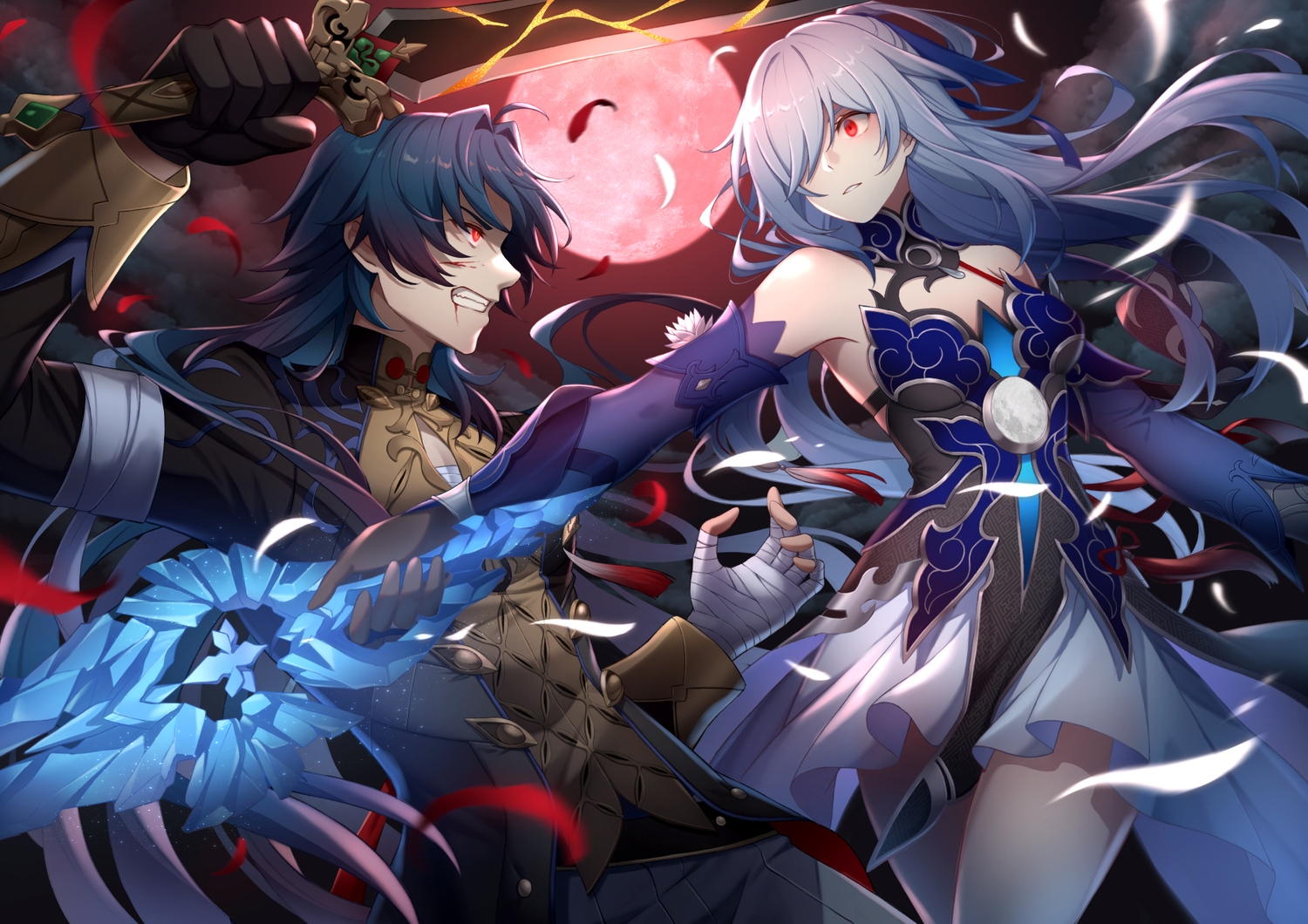 bandage, black_hair, blade_(honkai:_star_rail), blood, dress, elbow_gloves, gloves, gray_hair