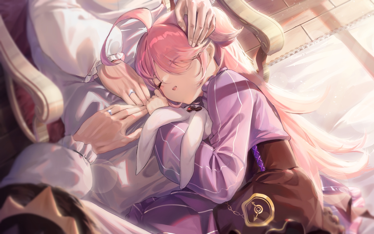bunny, crown, honkai_impact, honkai_(series), loli, long_hair, pink_hair, shirt, sin_mal0909, sin_mal_(honkai_impact), skirt, sleeping
