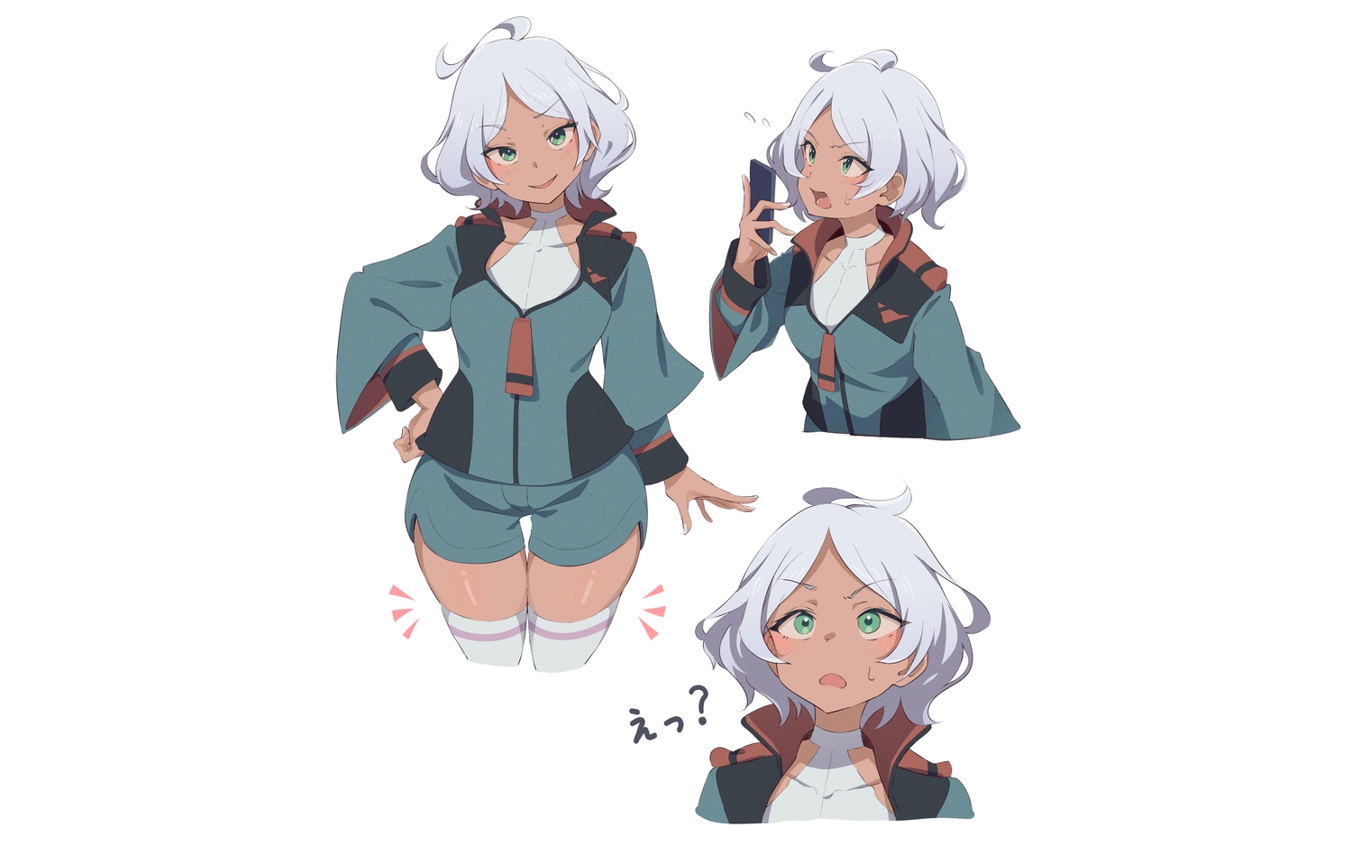 dark_skin, eitopondo, gray_hair, green_eyes, gundam_suisei_no_majo, mobile_suit_gundam, secelia_dote, short_hair