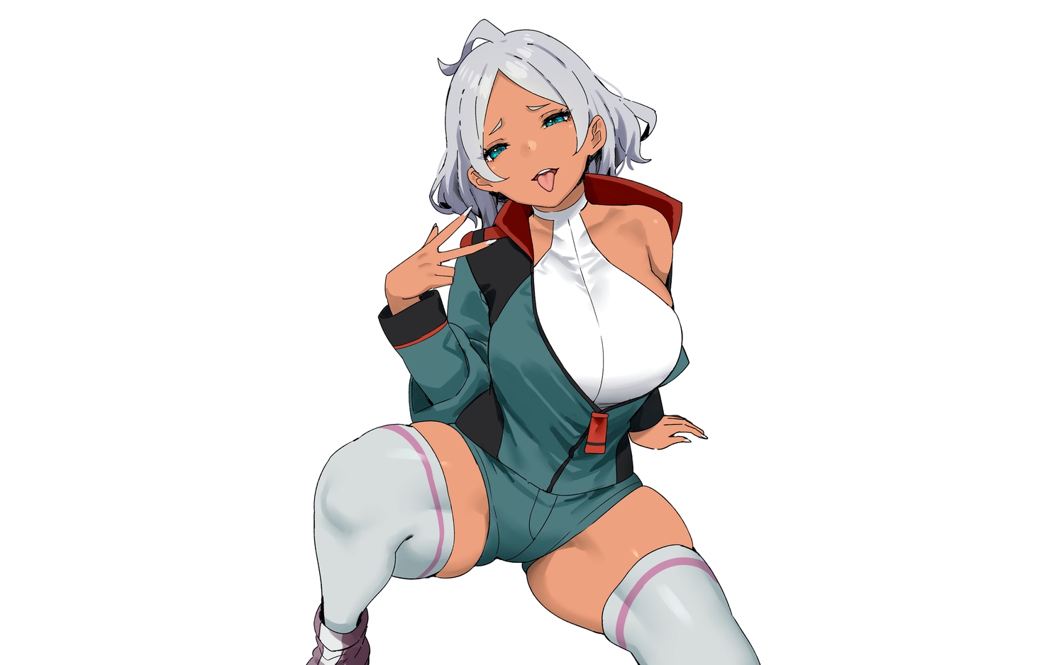dark_skin, gray_hair, green_eyes, gundam_suisei_no_majo, mobile_suit_gundam, secelia_dote, short_hair, shorts