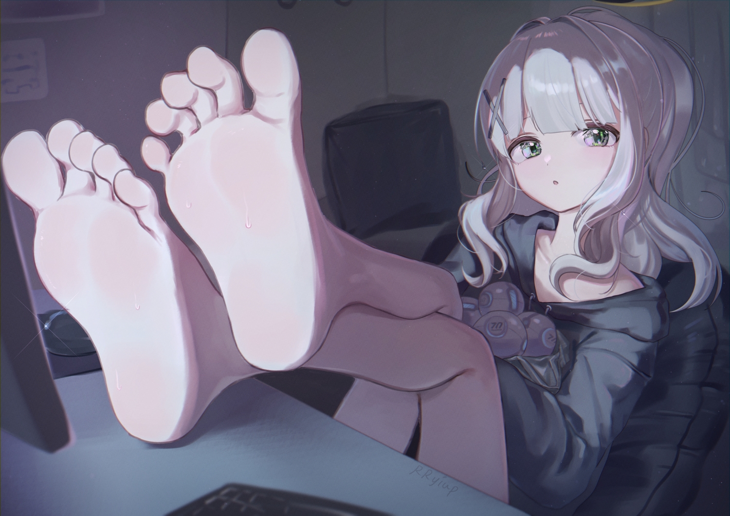 barefoot, blue_archive, computer, dark, gray_hair, green_eyes, hood, omagari_hare, rryiup, signed