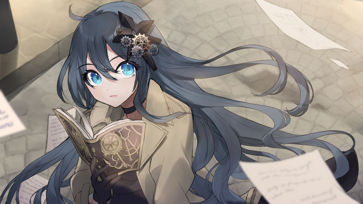 aqua_eyes, black_hair, book, cevio, choker, close, gloves, kamitsubaki_studio