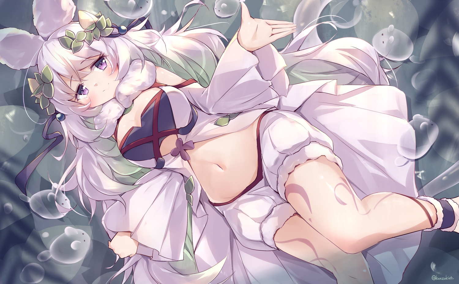 animal_ears, bloomers, blush, breasts, cleavage, headdress, kanzakietc, long_hair, navel, purple_eyes, shorts, signed, tattoo, traptrix_cularia, white_hair, yu-gi-oh