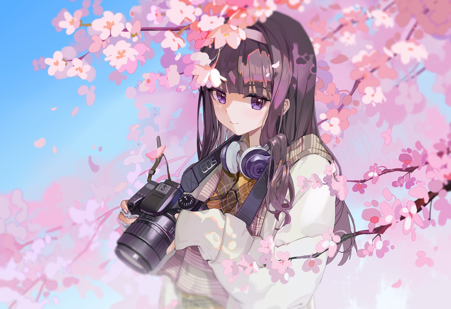 black_hair, blush, camera, card_captor_sakura, cherry_blossoms, close, daidouji_tomoyo, flowers